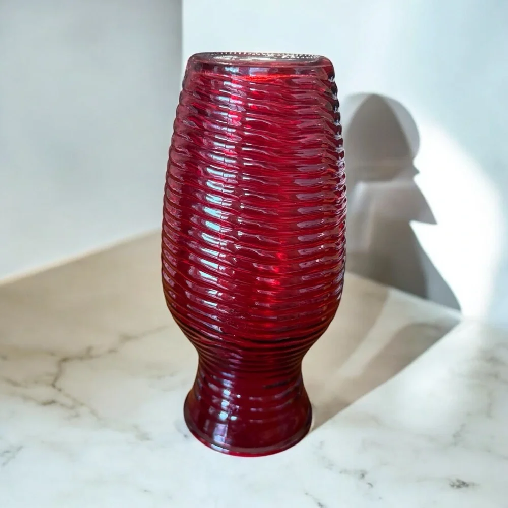 Vintage Ruby Red Ribbed Glass Vase
